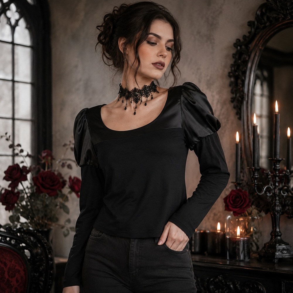 Regal Juliet Sleeve Scoop Neck Mixed Media Top Sz S Stretch Knit Goth Ren Faire